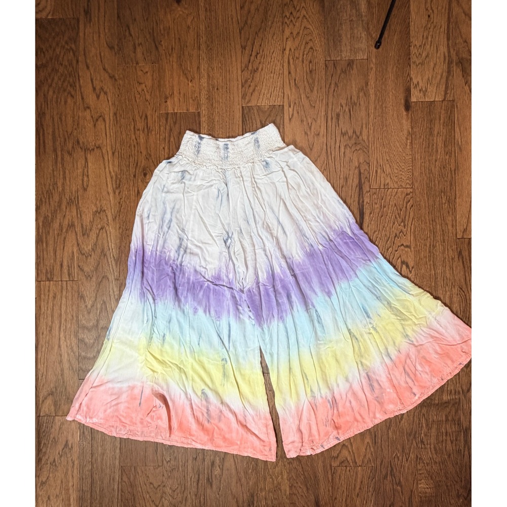 Surf Gypsy Tie Dye Rainbow Wide Leg Smocked Beach Pants Size M